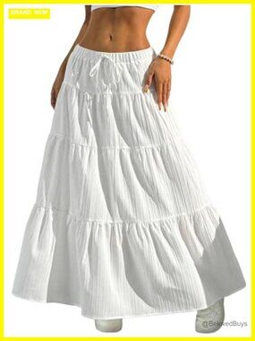 Women's Boho Flowy Tiered Ruffle Hem A-Line Maxi Skirt Pull On